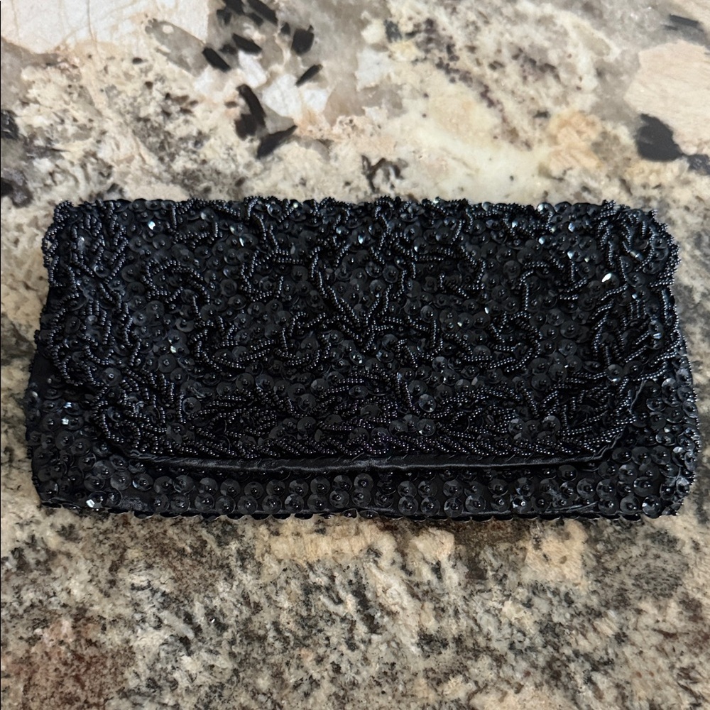 Vintage Bon Soir Black Italian Glass-Beaded & Sequined Clutch